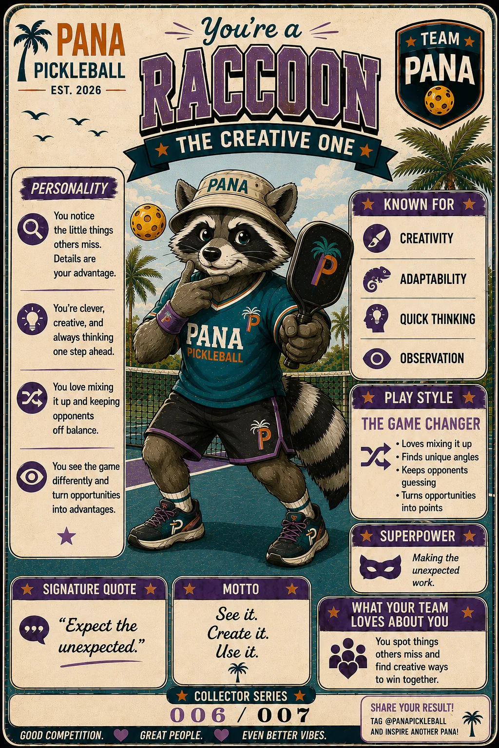 Raccoon, The Creative One. Pana Pickleball collector card.