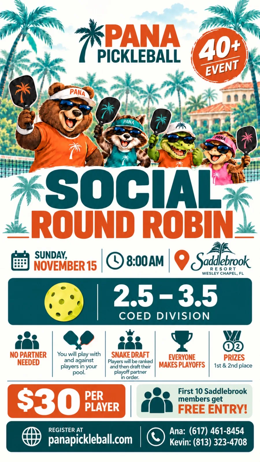 PANA PICKLEBALL @ SADDLEBROOK 2.5-3.5 Division event flyer